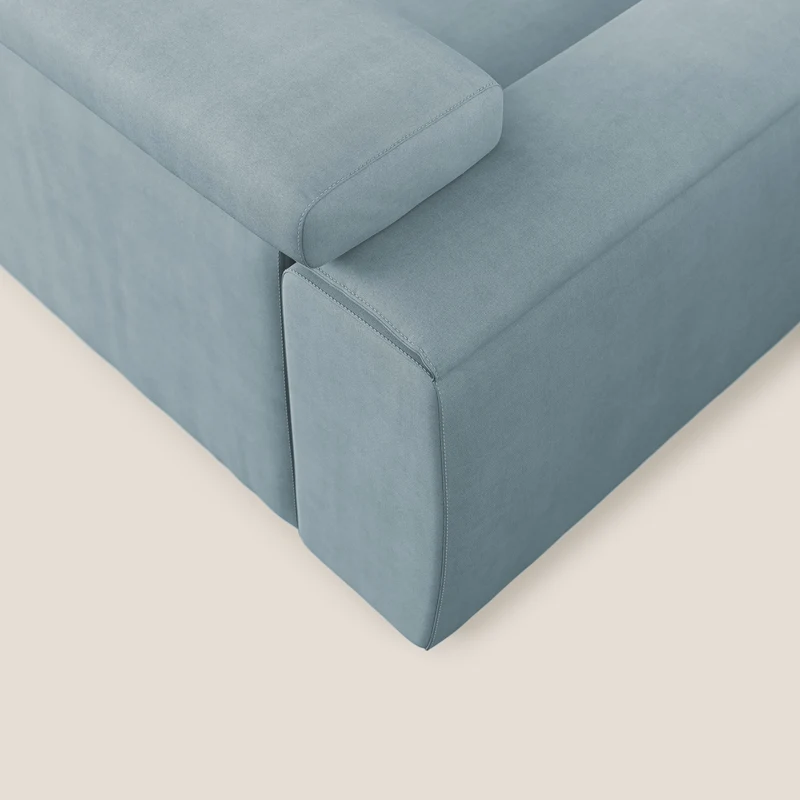 Zeno canapé d'angle et pouf extractible en tissu doux imperméable T02 Bleu pastel