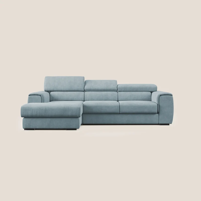 Zeno canapé d'angle et pouf extractible en tissu doux imperméable T02 Bleu pastel