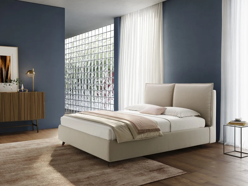 Nives lit rembourré avec coffre déhoussable en microfibre velours imperméable T09 beige