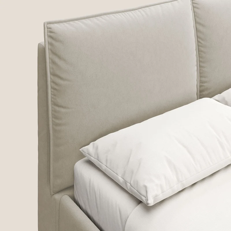 Nives lit rembourré avec coffre déhoussable en microfibre velours imperméable T09 beige