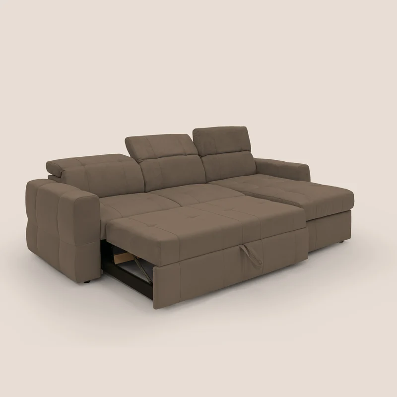 Kronos Canapé d'angle avec pouf extractible et coffre de rangement en microfibre imperméable T11 marron