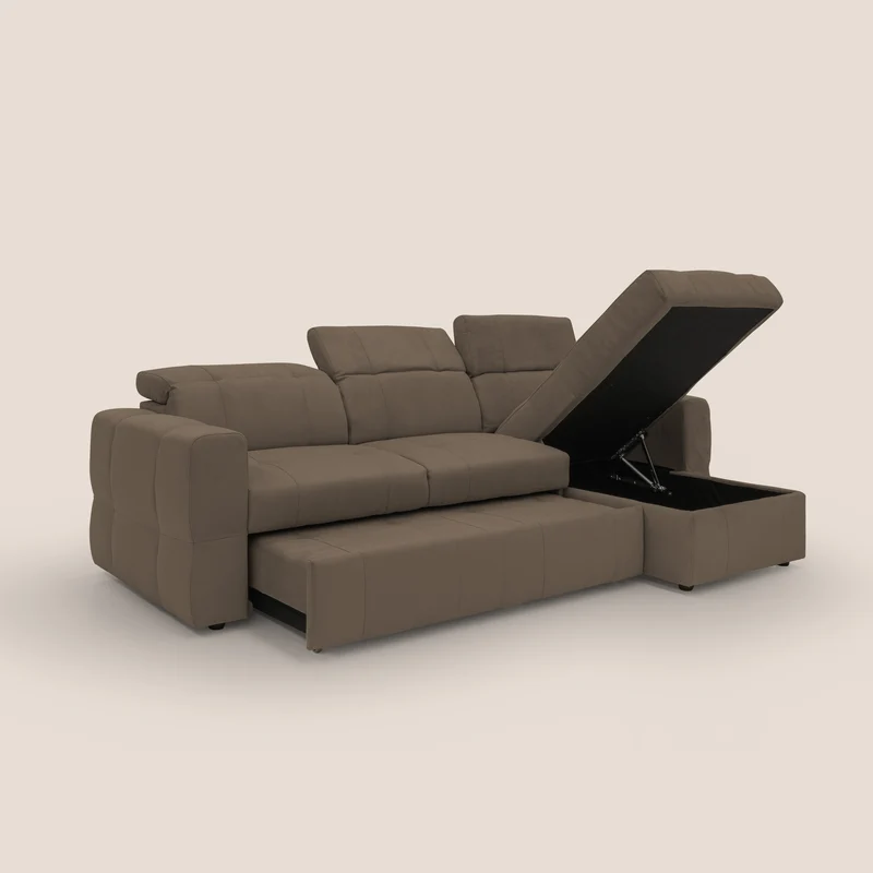 Kronos Canapé d'angle avec pouf extractible et coffre de rangement en microfibre imperméable T11 marron