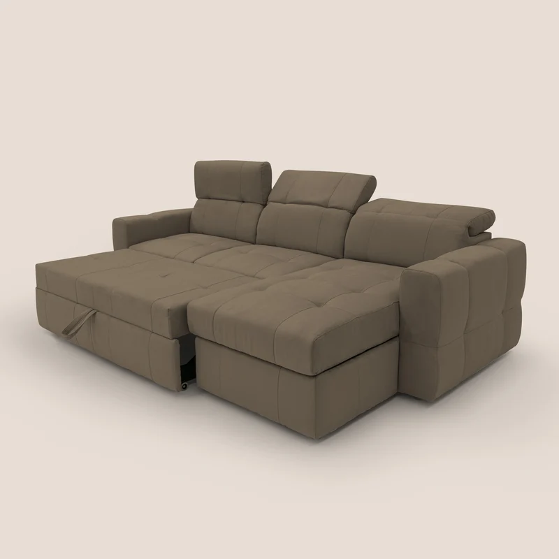 Kronos Canapé d'angle avec pouf extractible et coffre de rangement en microfibre imperméable T11 marron
