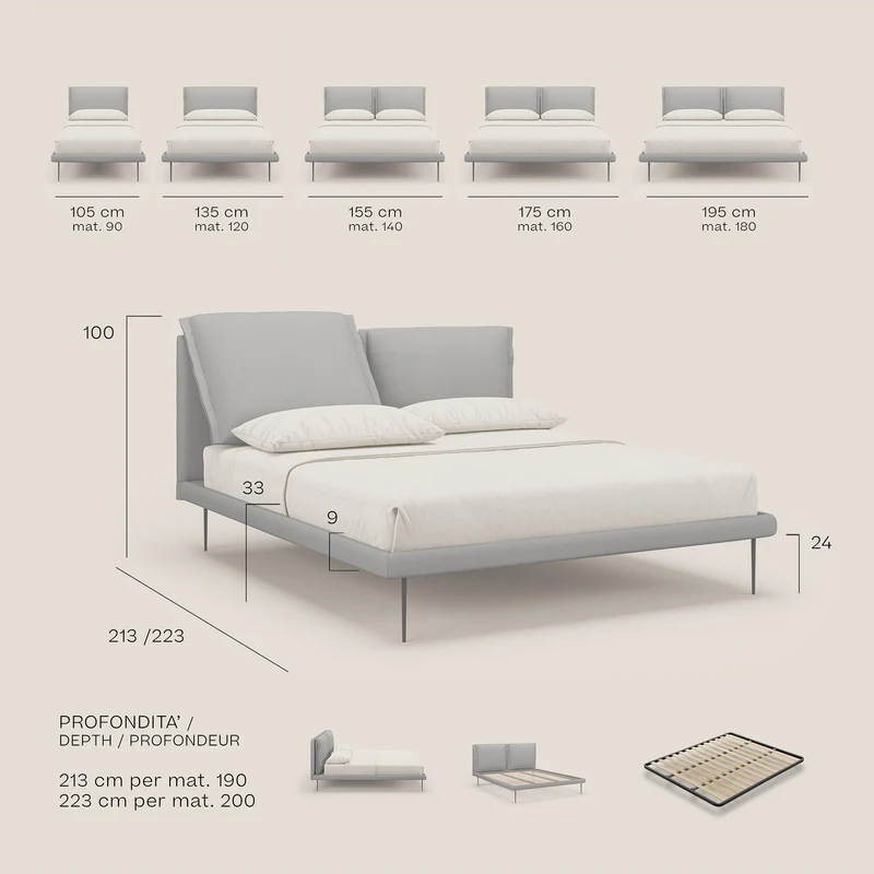 Noah lit avec coussins réglables et pieds hauts en métal en tissu détachable T05 gris