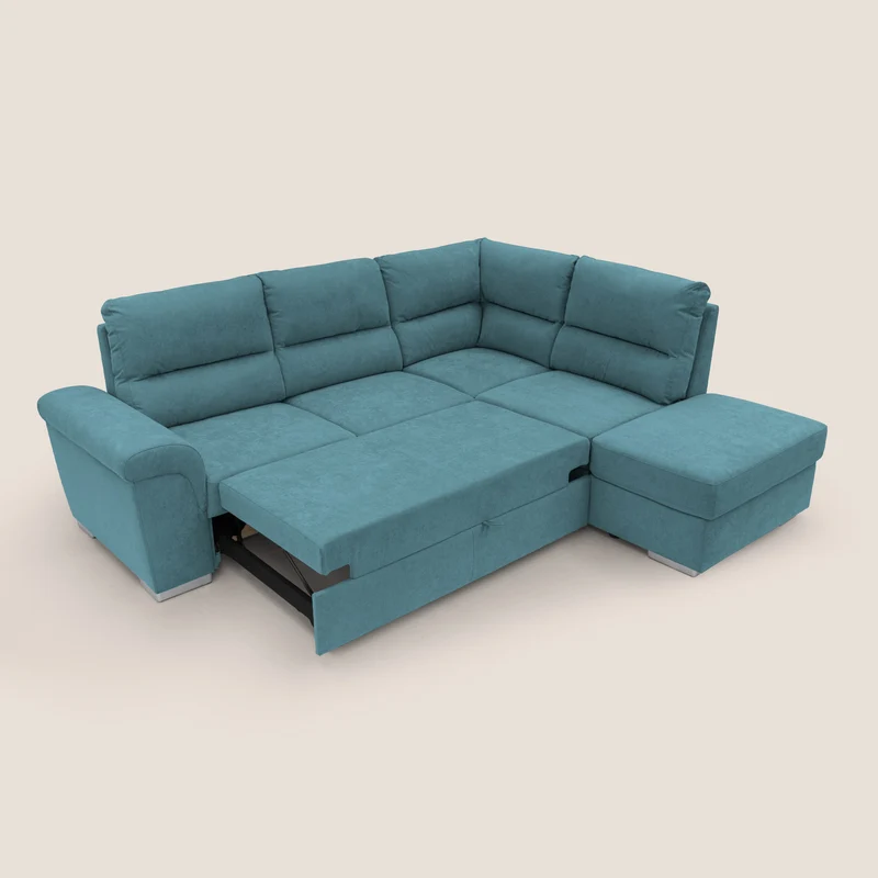 Minerva canapé d'angle avec angle et pouf extractible en tissu doux imperméable T02 bleu ciel