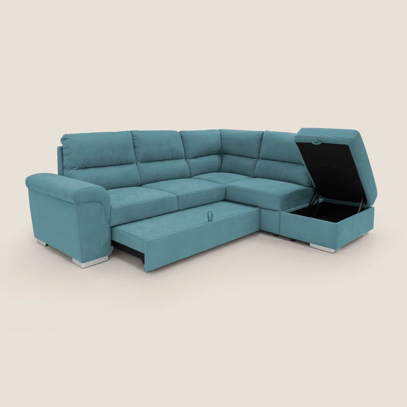 Minerva canapé d'angle avec angle et pouf extractible en tissu doux imperméable T02 bleu ciel