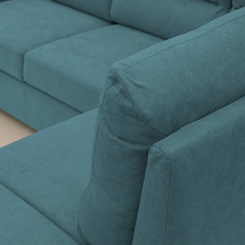 Minerva canapé d'angle avec angle et pouf extractible en tissu doux imperméable T02 bleu ciel