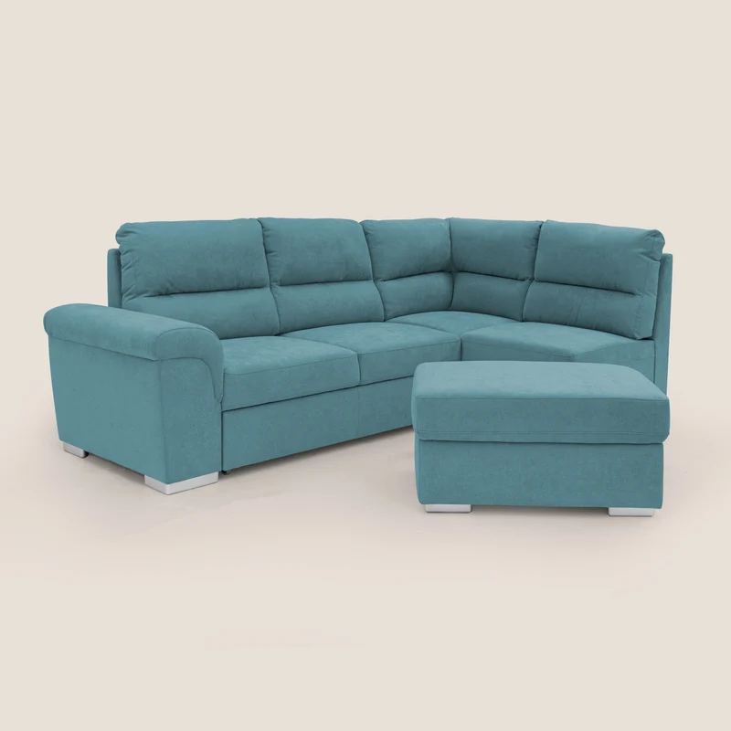Minerva canapé d'angle avec angle et pouf extractible en tissu doux imperméable T02 bleu ciel
