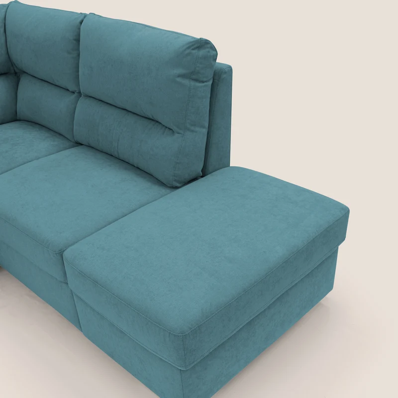 Minerva canapé d'angle avec angle et pouf extractible en tissu doux imperméable T02 bleu ciel