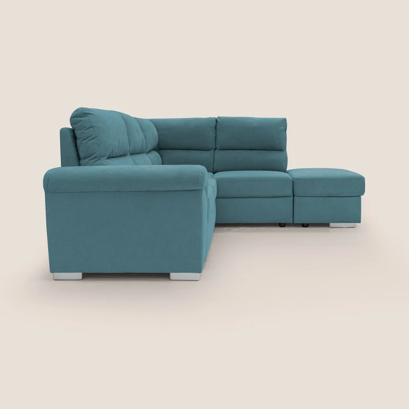 Minerva canapé d'angle avec angle et pouf extractible en tissu doux imperméable T02 bleu ciel