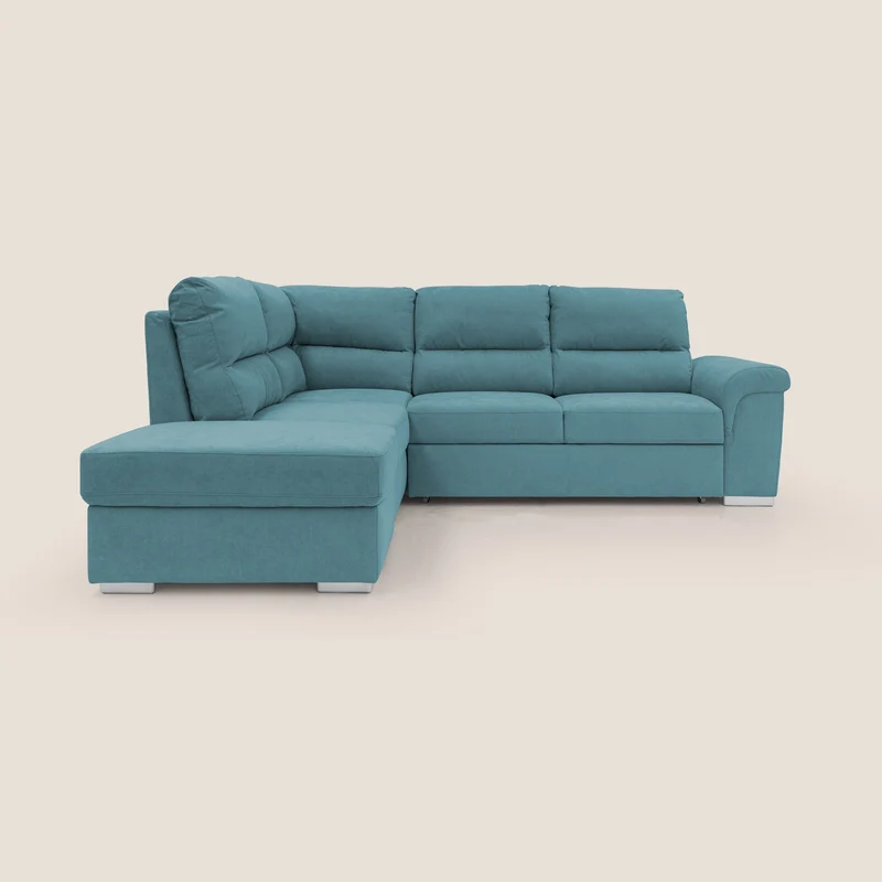 Minerva canapé d'angle avec angle et pouf extractible en tissu doux imperméable T02 bleu ciel