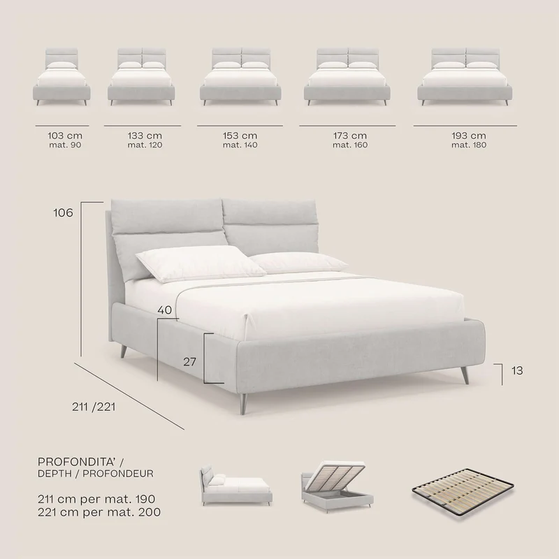 Jerry lit coffre et coussins réglables en tissu détachable T17 blanc