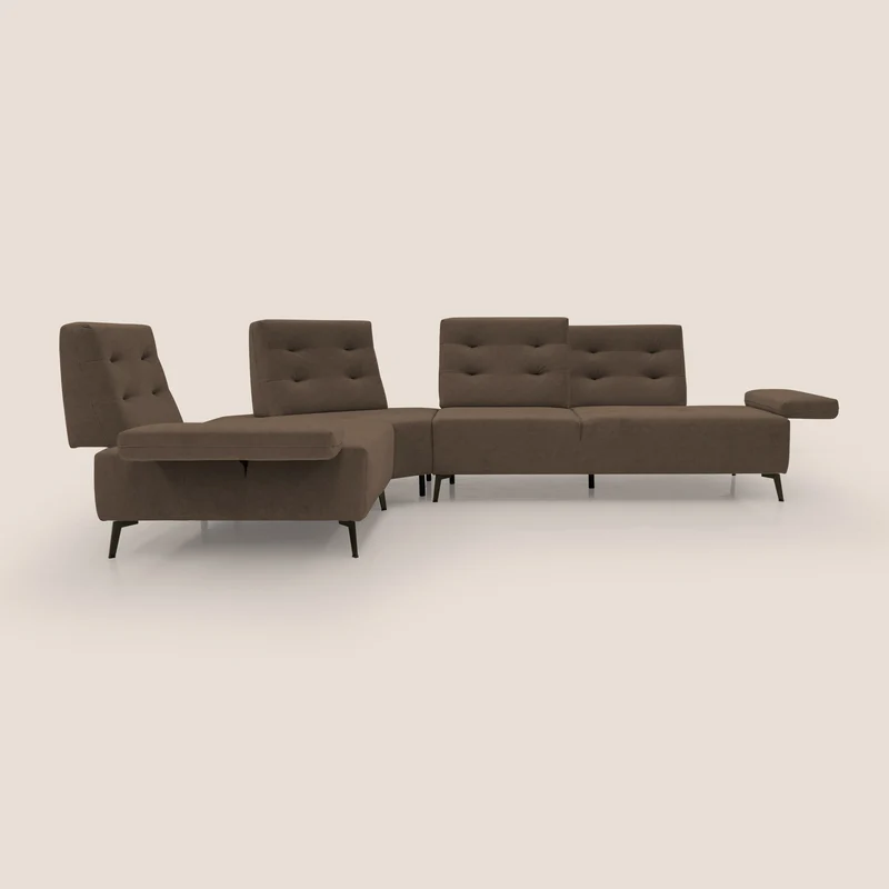 Lugano Canapé d'angle avec dossiers coulissants en velours doux T09 marron