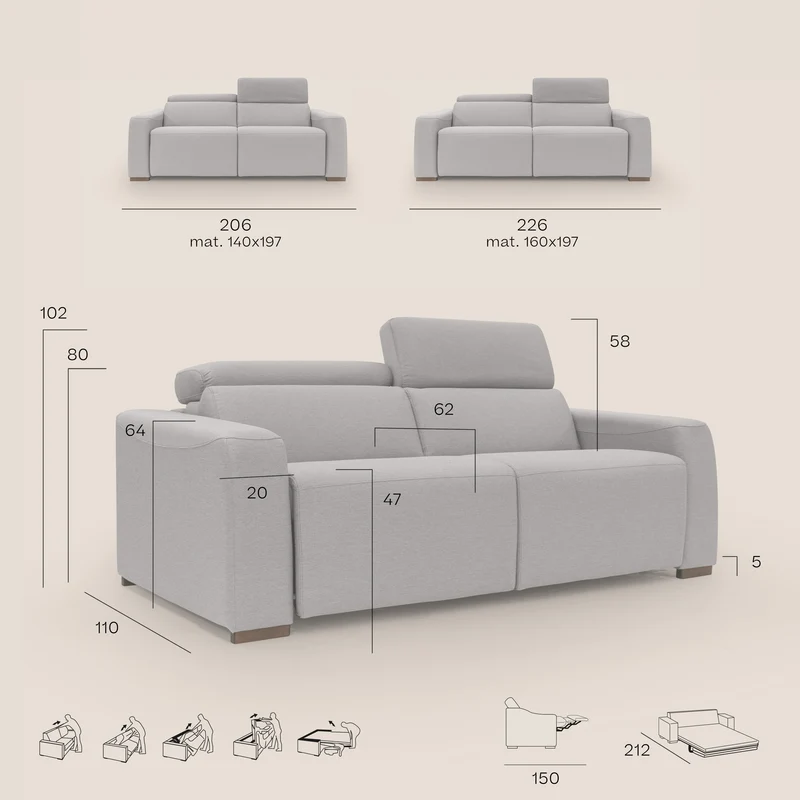 Poseidon canapé lit convertible + RELAX électrique en tissu imperméable détachable T05 rouge