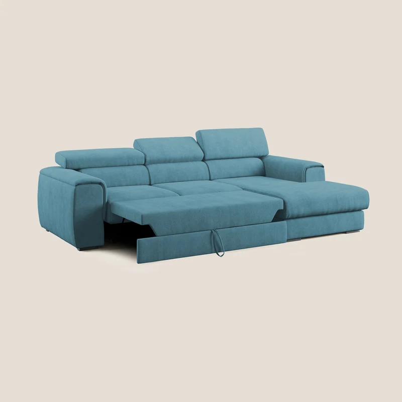 Zeno canapé d'angle et pouf extractible en tissu doux imperméable T02 bleu ciel