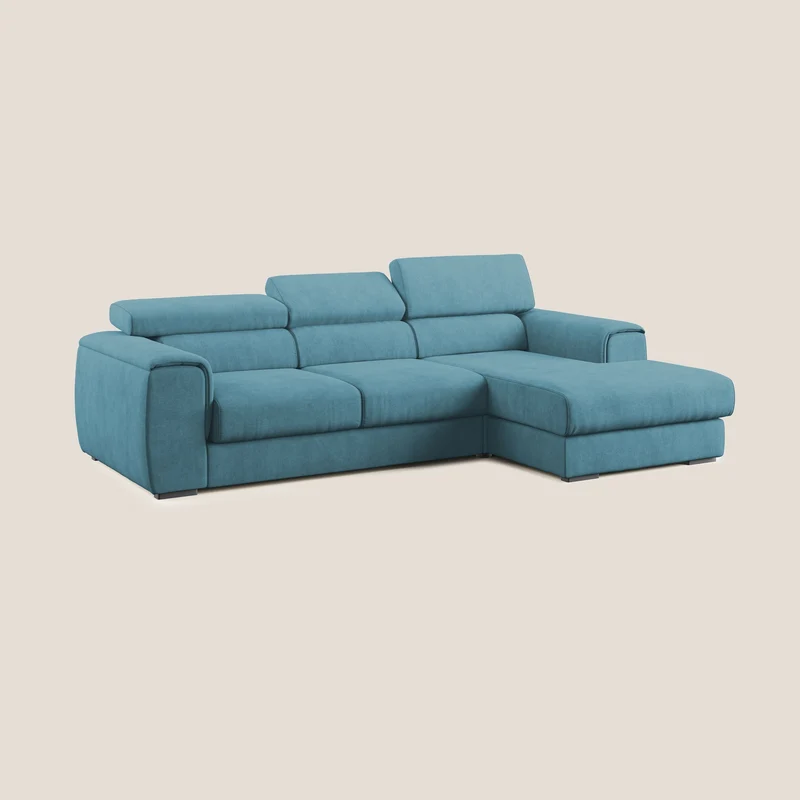 Zeno canapé d'angle et pouf extractible en tissu doux imperméable T02 bleu ciel