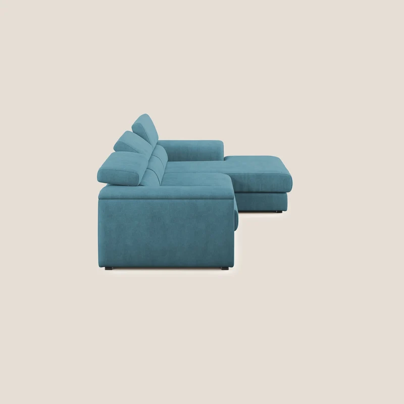 Zeno canapé d'angle et pouf extractible en tissu doux imperméable T02 bleu ciel