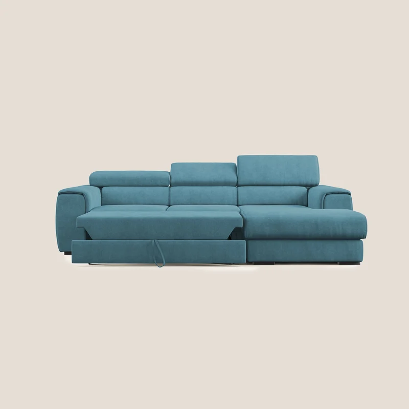 Zeno canapé d'angle et pouf extractible en tissu doux imperméable T02 bleu ciel
