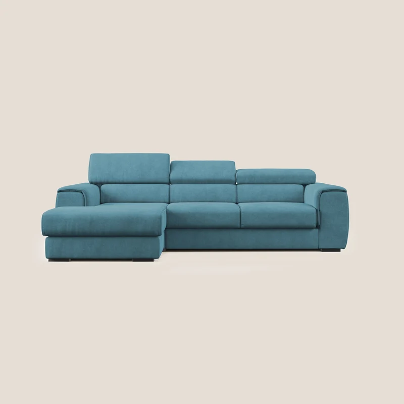 Zeno canapé d'angle et pouf extractible en tissu doux imperméable T02 bleu ciel