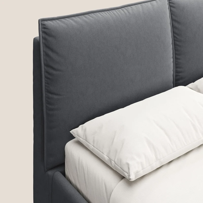 Nives lit rembourré avec coffre déhoussable en microfibre velours imperméable T09 gris