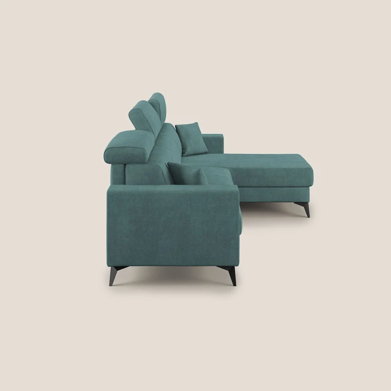 Pegaso canapé convertible d'angle avec têtières inclinables en tissu doux imperméable T02 bleu canard