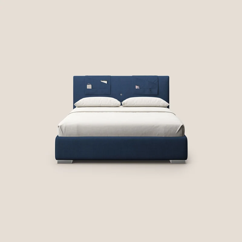 Horus lit rembourré avec coffre et prise USB sur la tête de lit en tissu imperméable T02 bleu