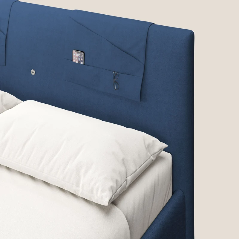Horus lit rembourré avec coffre et prise USB sur la tête de lit en tissu imperméable T02 bleu