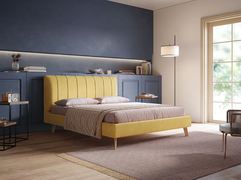 Selene lit rembourré avec pieds bois naturel déhoussable en tissu imperméable T02 jaune