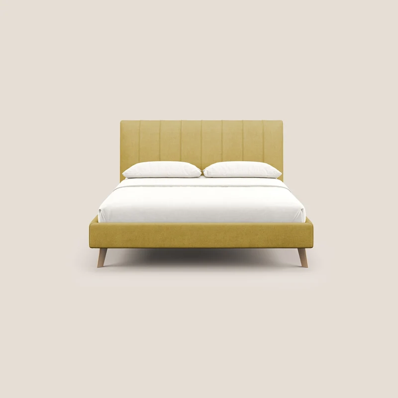 Selene lit rembourré avec pieds bois naturel déhoussable en tissu imperméable T02 jaune