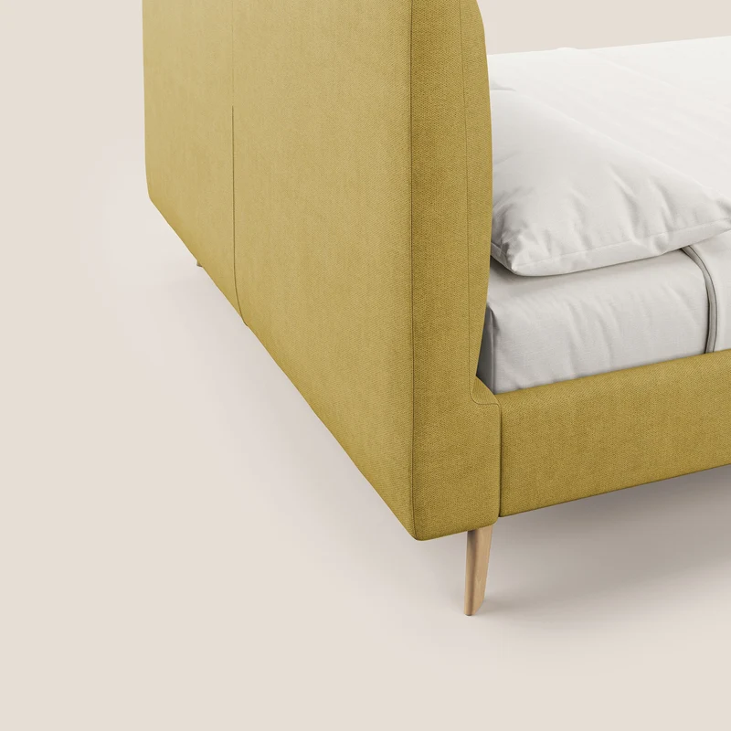 Selene lit rembourré avec pieds bois naturel déhoussable en tissu imperméable T02 jaune