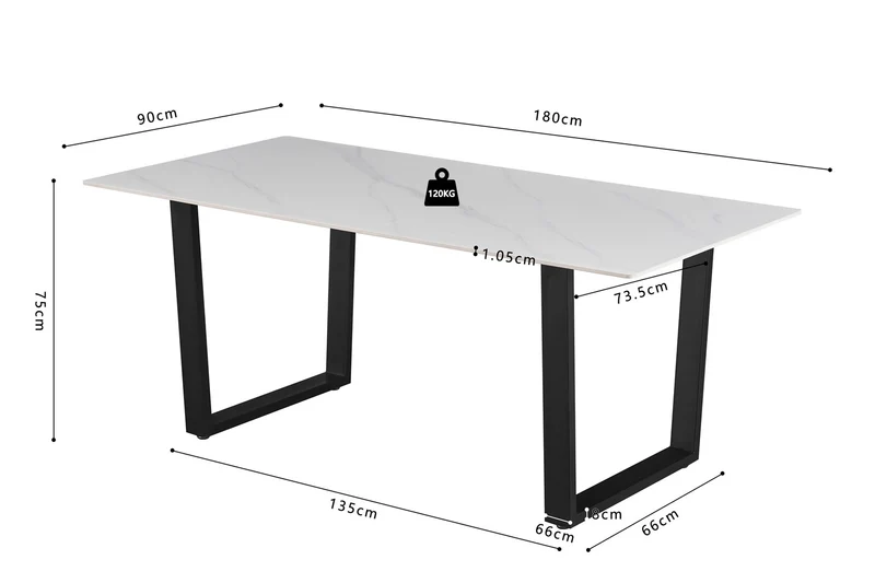 Table à manger Poseidon 180cm Pierre brillante rectangulaire blanc