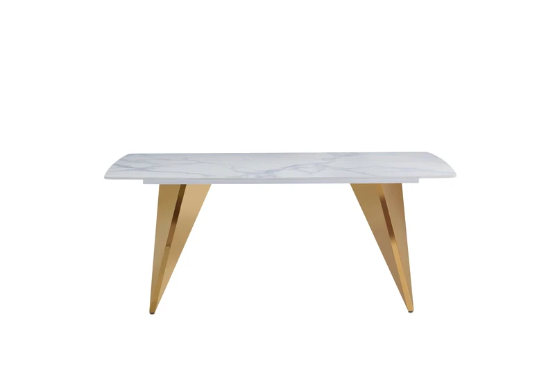 TABLE A MANGER GRAFFI PIED GOLD PLATEAU EN CERAMIQUE MARBRE BLANC180x90x75cm