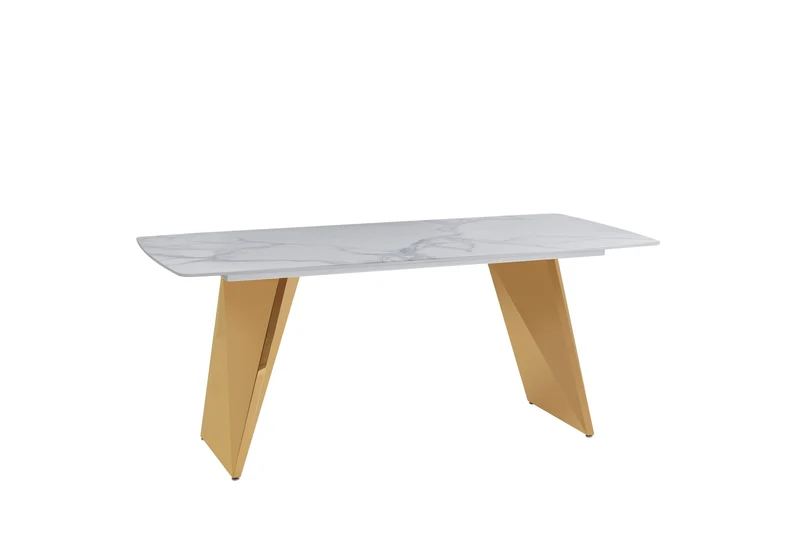 TABLE A MANGER GRAFFI PIED GOLD PLATEAU EN CERAMIQUE MARBRE BLANC180x90x75cm