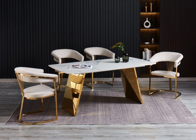TABLE A MANGER GRAFFI PIED GOLD PLATEAU EN CERAMIQUE MARBRE BLANC180x90x75cm