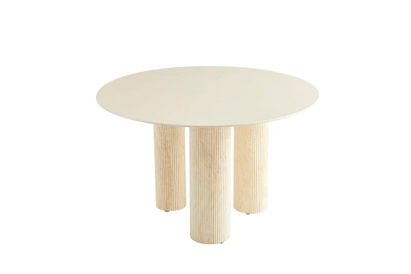 TABLE REPAS ANAÏS PIEDS TRAVERTIN PLATEAU CERAMIQUE BEIGE BRILLANT 120CM