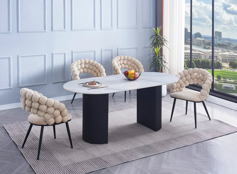 TABLE A MANGER ANNA PIED BEIGE PLATEAU EN CERAMIQUE MARBRE GRIS 180x90x75CM