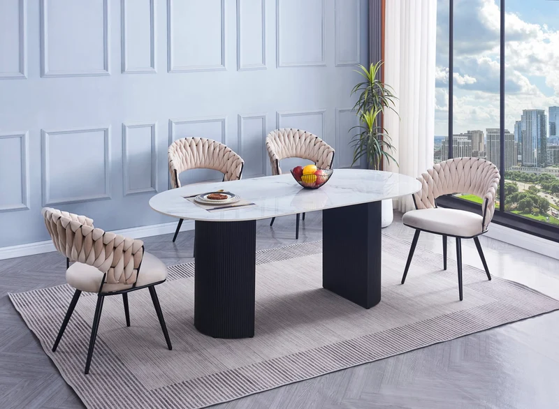 TABLE A MANGER ANNA PIED BEIGE PLATEAU EN CERAMIQUE MARBRE GRIS 180x90x75CM