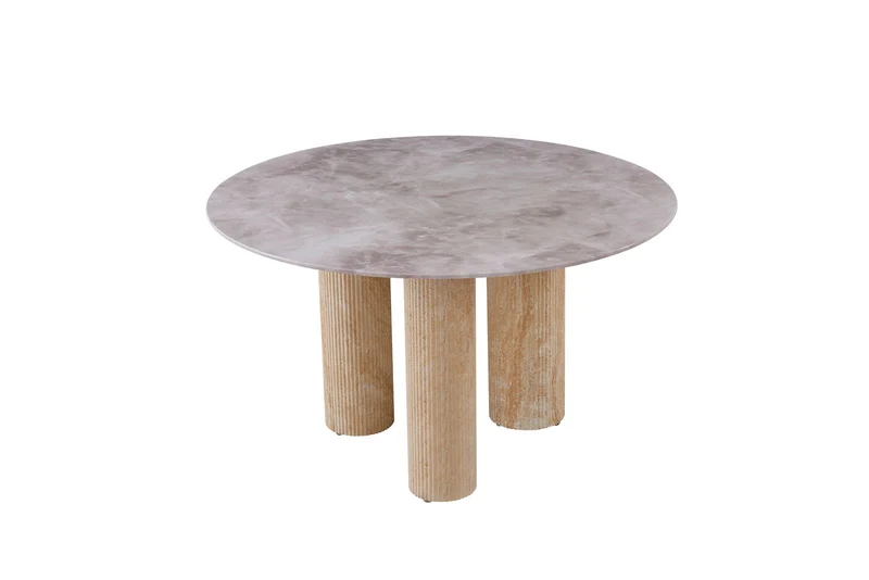 TABLE REPAS ANAÏS PIEDS TRAVERTIN PLATEAU CERAMIQUE MARBRE GRIS 120CM
