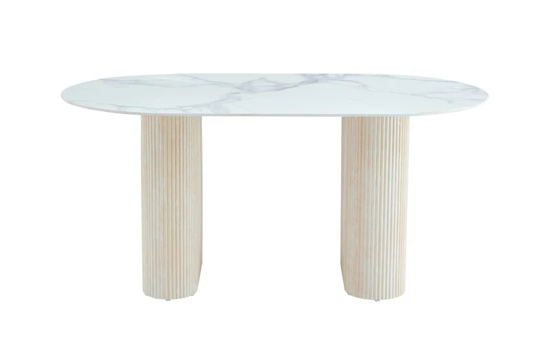 TABLE A MANGER ROXY PIED EFFET TRAVERTIN CERAMIQUE MARBRE BLANC 180X90CM