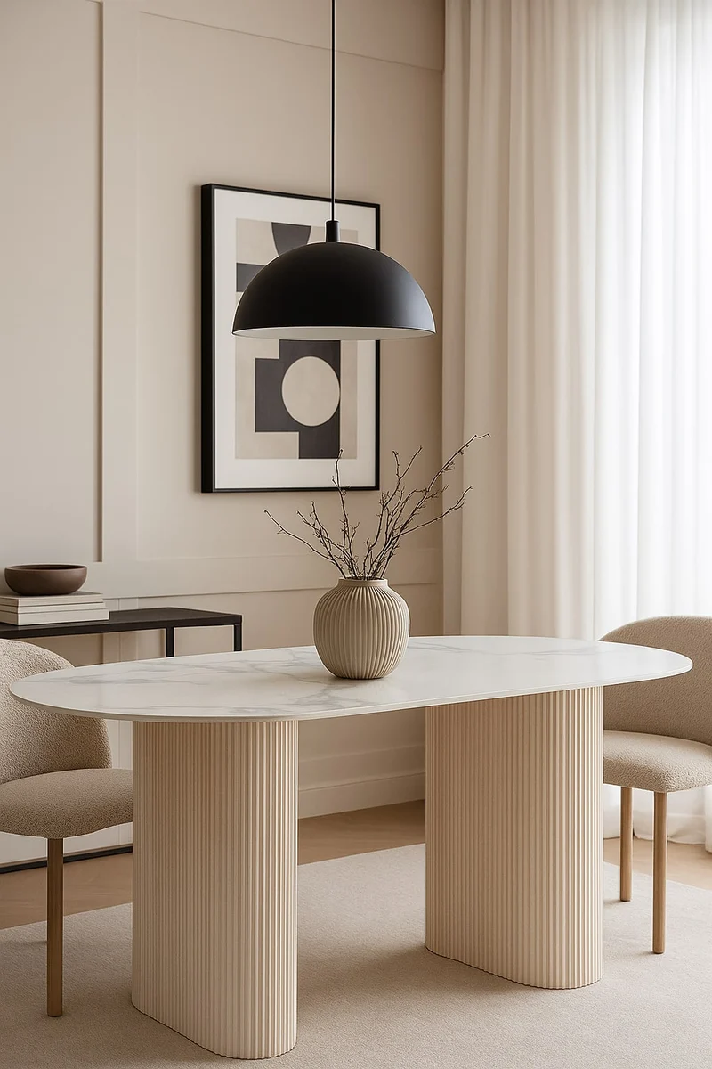 TABLE A MANGER ROXY PIED EFFET TRAVERTIN CERAMIQUE MARBRE BLANC 180X90CM