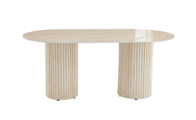 TABLE A MANGER KEYSHA PIED TRAVERTIN PLATEAU CERAMIQUE TRAVERTIN BRILLANT 160CM