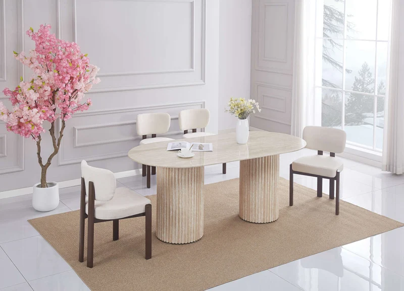 TABLE A MANGER KEYSHA PIED TRAVERTIN PLATEAU CERAMIQUE TRAVERTIN BRILLANT 160CM
