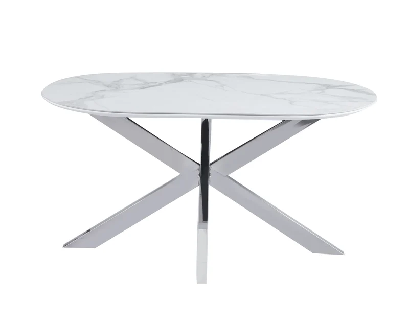 TABLE REPAS MANON PIED CHROME PLATEAU CERAMIQUE MARBRE BLANC 150x90cm