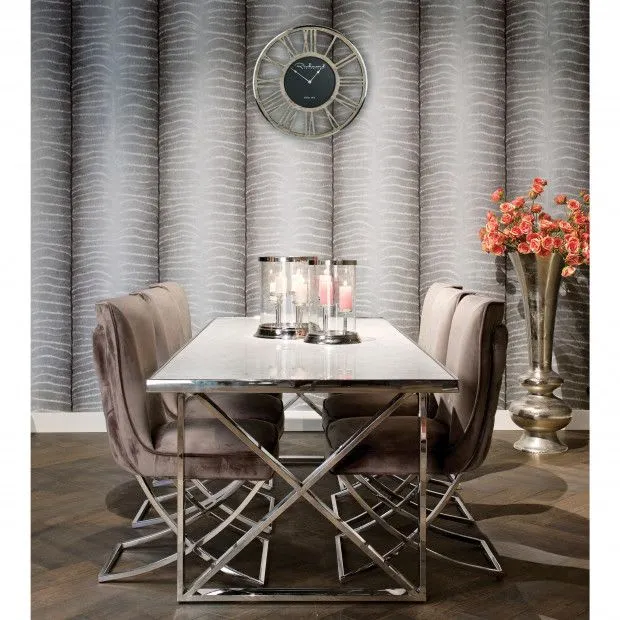 Table repas LEVANTO chrome plateau en verre trempé