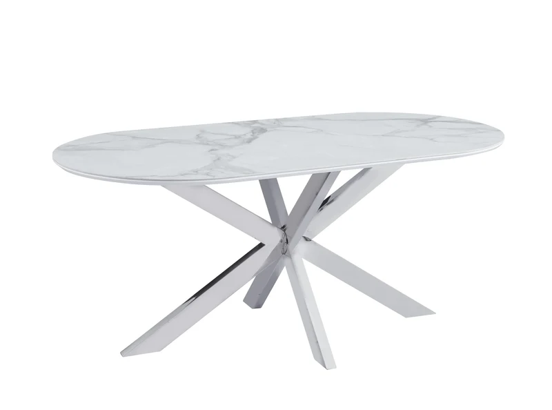 TABLE REPAS MANON PIED CHROME PLATEAU CERAMIQUE MARBRE BLANC 180x90cm