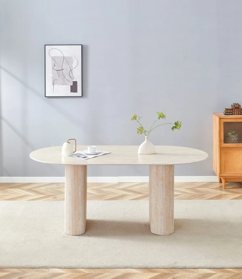 TABLE A MANGER ROXY PIED EFFET TRAVERTIN CERAMIQUE TRAVERTIN MAT 180x90cm