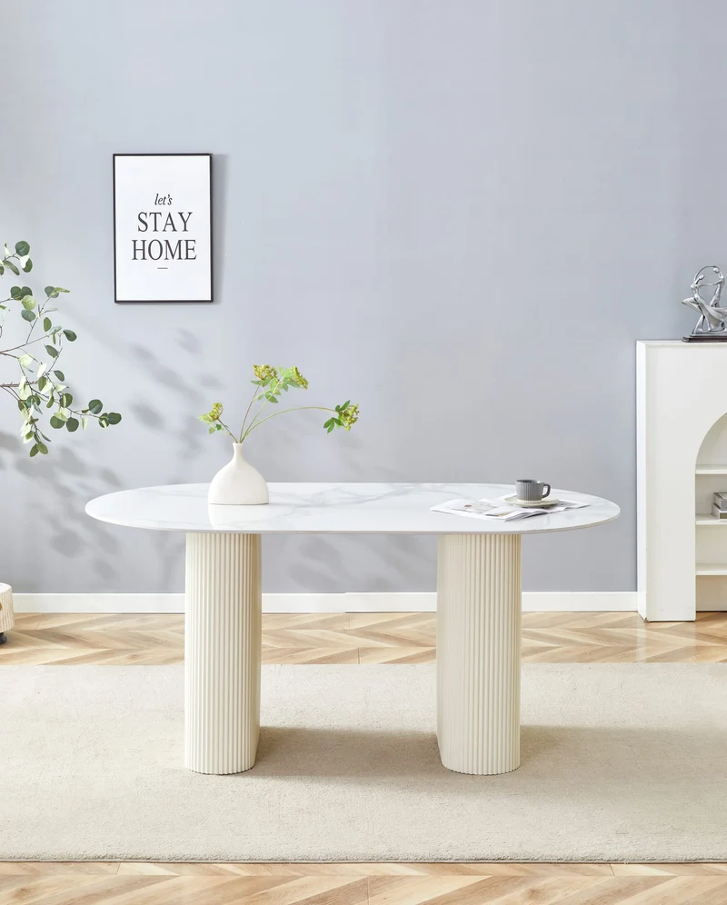 TABLE A MANGER ROXY PIED BEIGE CERAMIQUE MARBRE BLANC 180x90cm