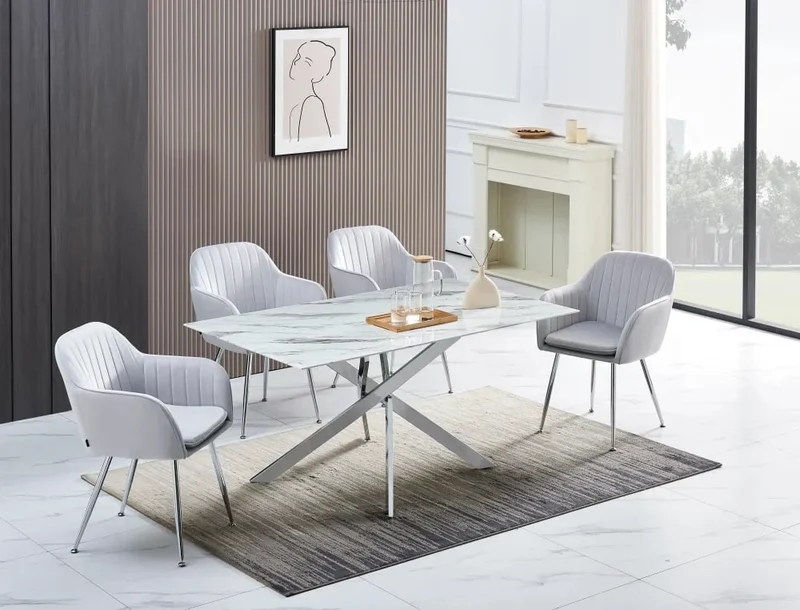 Table Repas JESSICA Chrome et plateau en verre 150 cm 4 à 6 couverts