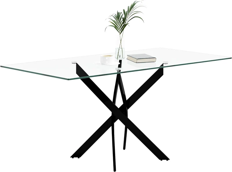 Table Repas JESSICA Métal noir et plateau en verre 150 cm 4 à 6 couverts