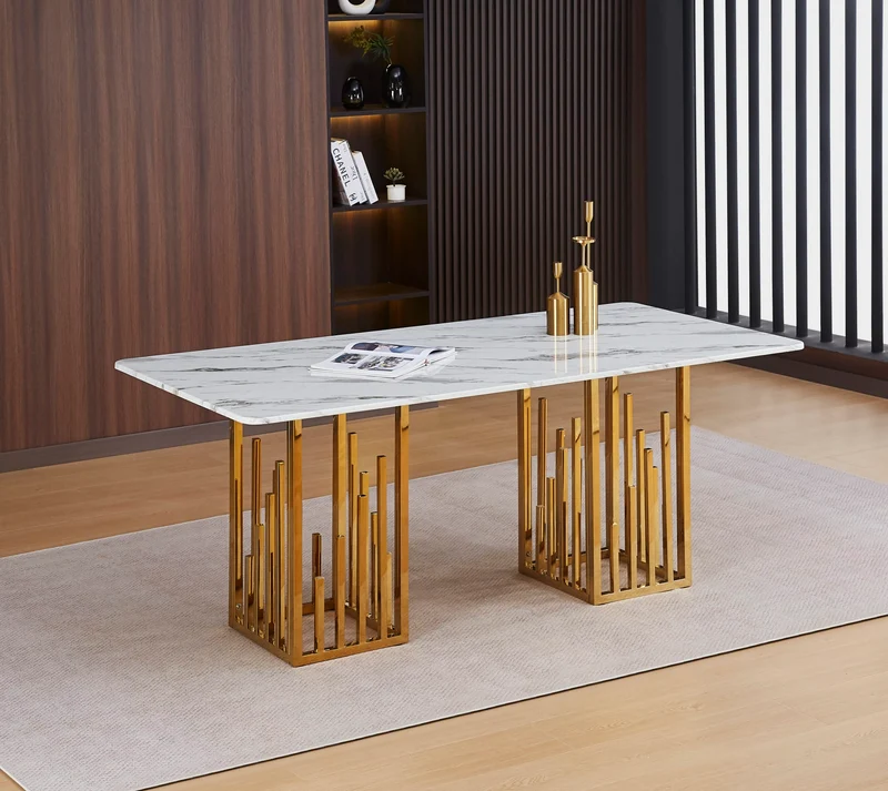 TABLE REPAS STALAX PIED GOLD PIERRE MARBRE BLANC 180X90x75CM